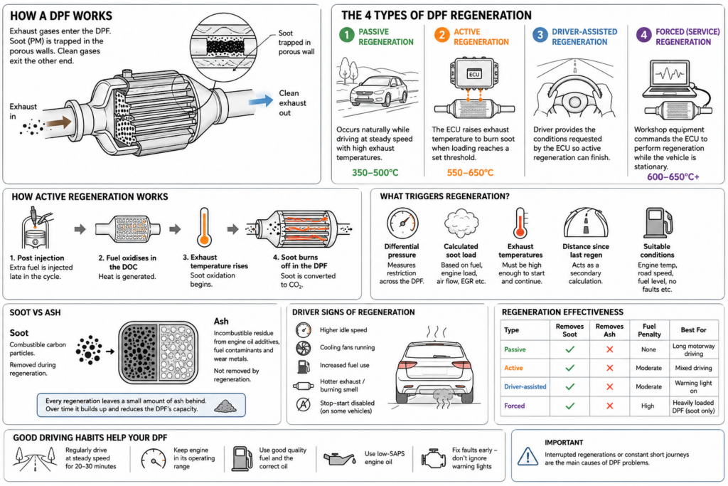 Infographic explaining the four types of DPF regeneration: passive, active, driver-assisted and forced, with temperatures and effectiveness.