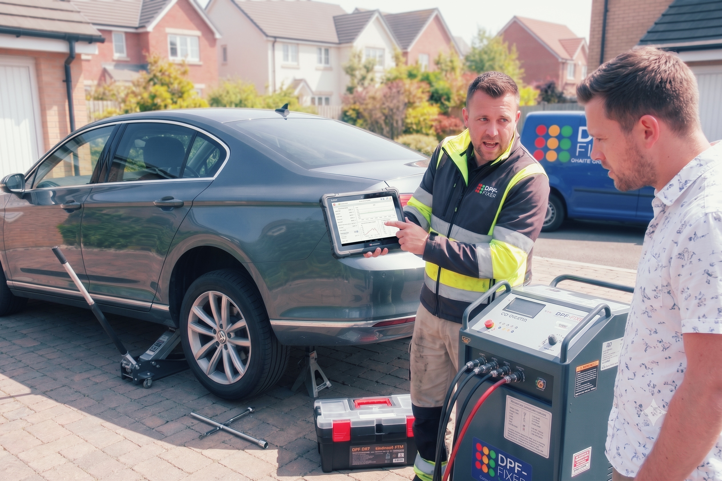 DPF Fixer engineer showing a customer diagnostic results on a tablet