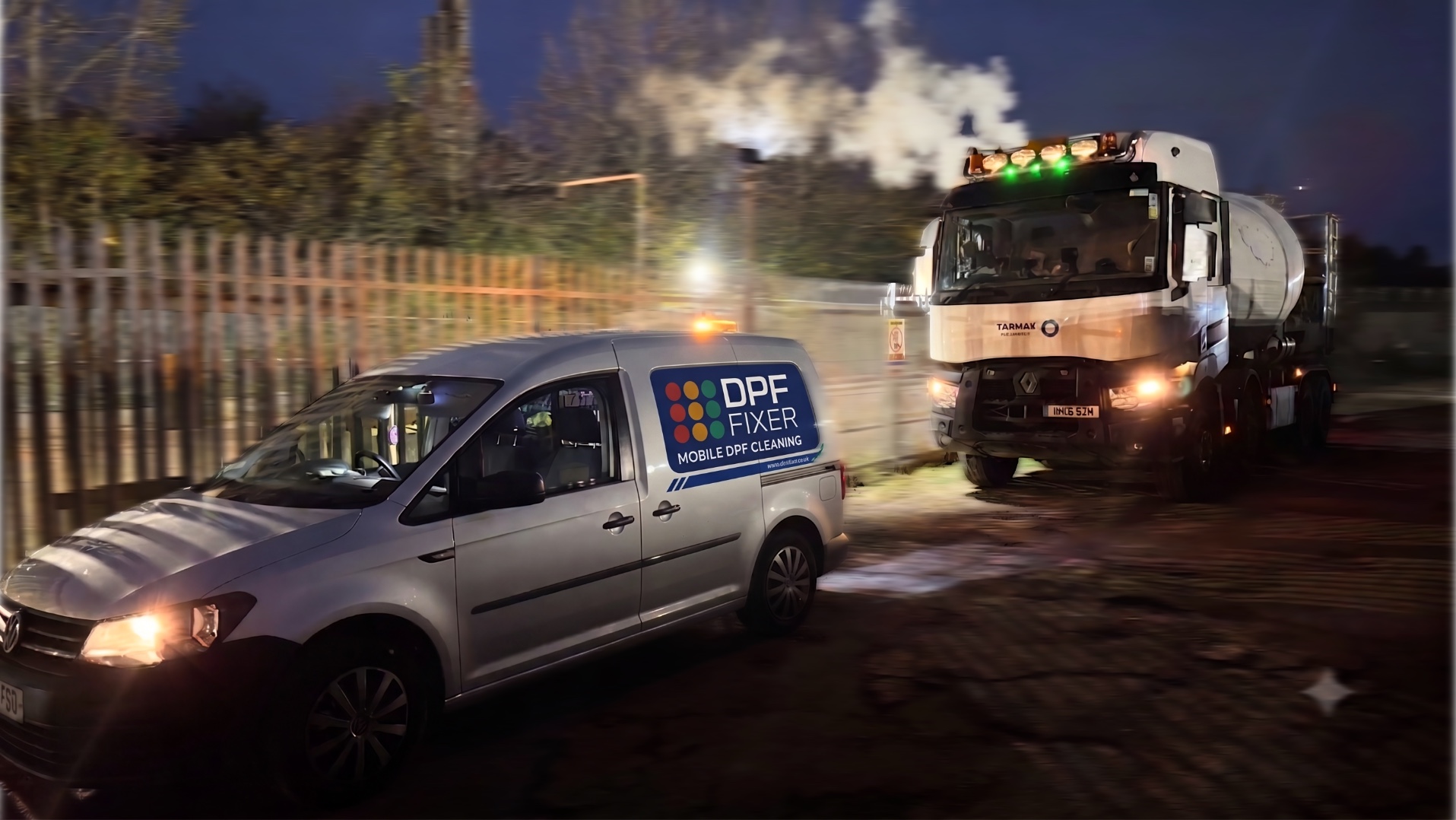 DPF Fixer van on a call-out at a commercial site with an HGV