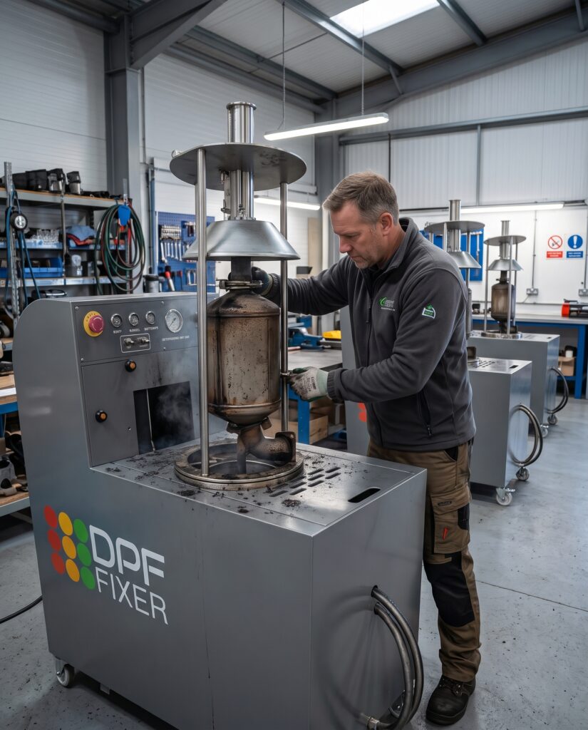 DPF Fixer technician loading a DPF into an off-car cleaning machine in the workshop